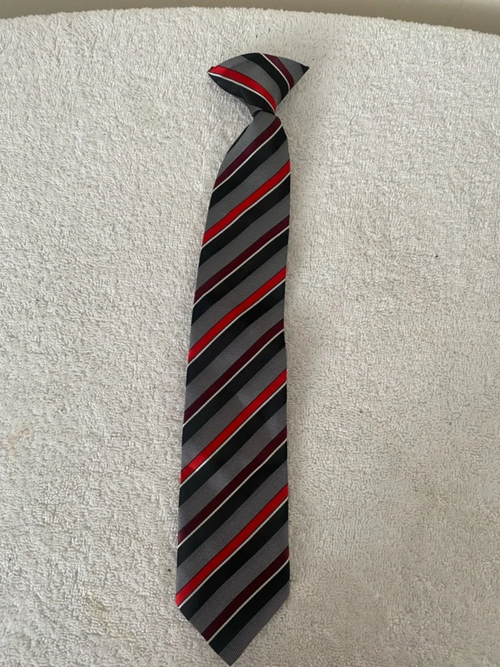 Striped Silk clip-on Tie in Gray, Black & Red